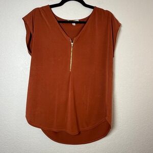 Green Envelope Los Angeles Rust V Neck Short Sleeve Zipper‎ Tunic Top M